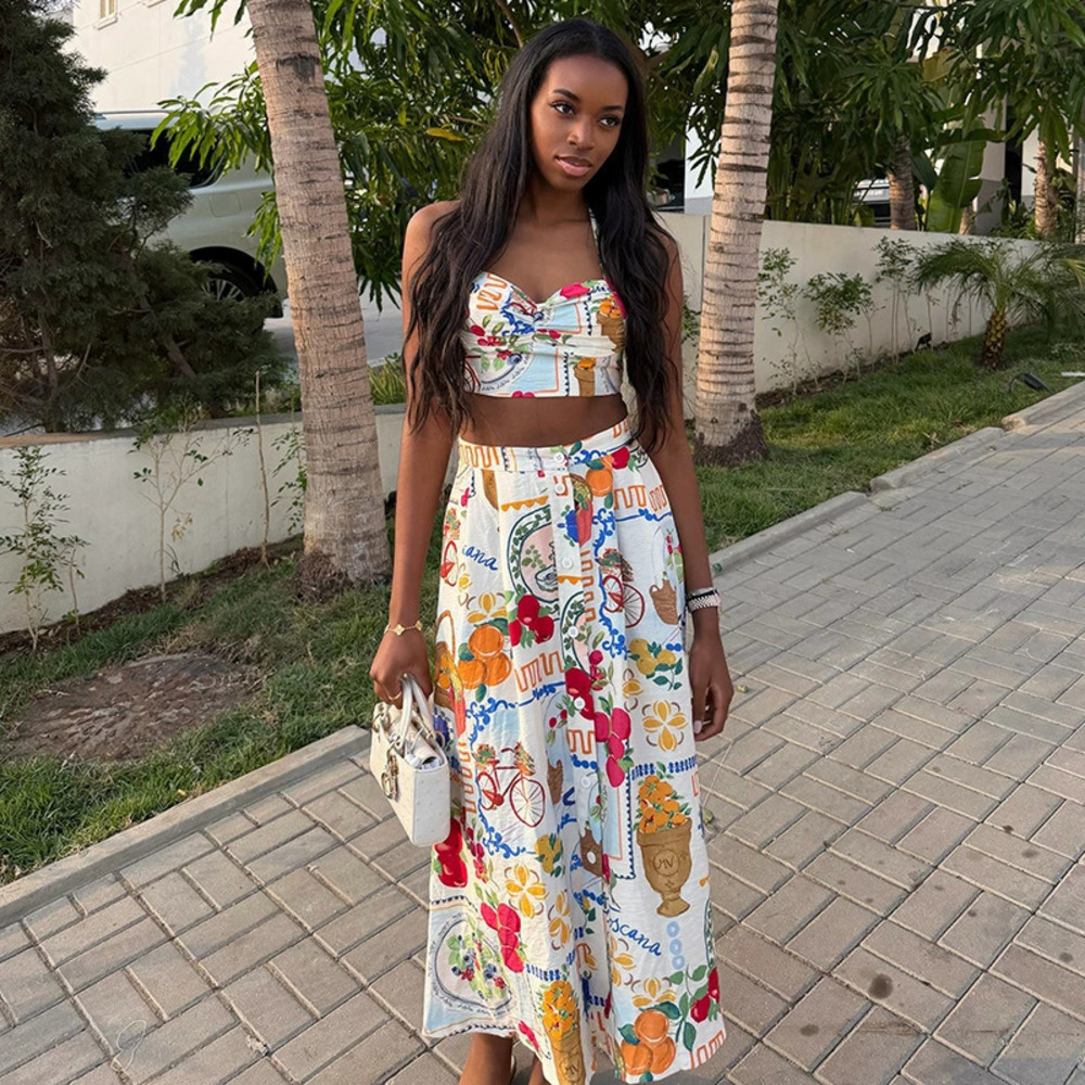 ZARA Stylish Printed Color Block Waist Dress Set Halter Neck Two Piece